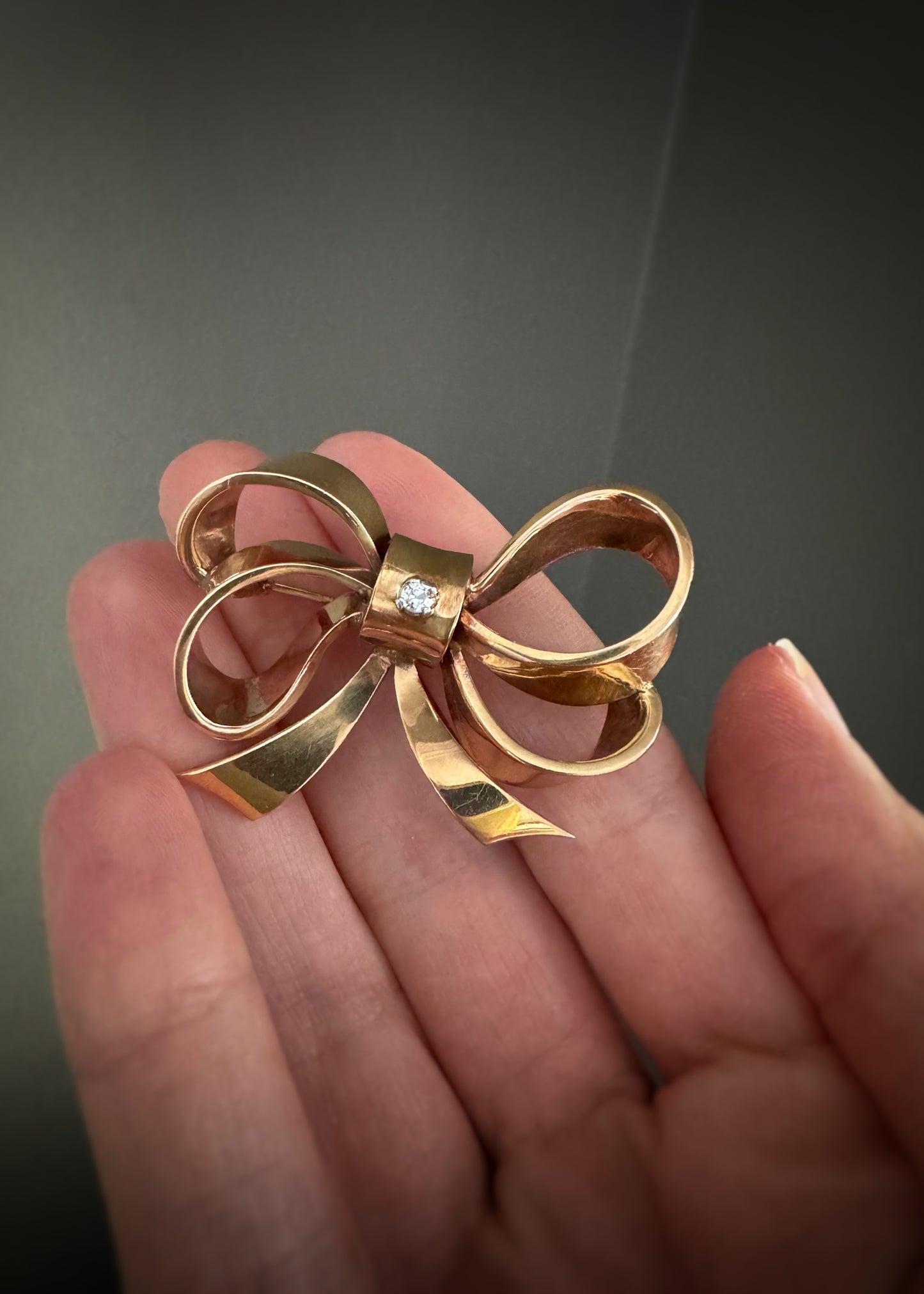 Estate 18k + Old Cut Diamond Bow Brooch
