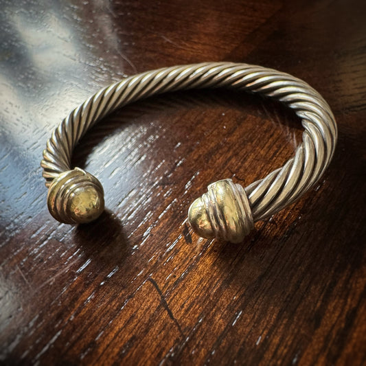 Estate Designer Sterling Silver + 14k Classic Cable Bracelet