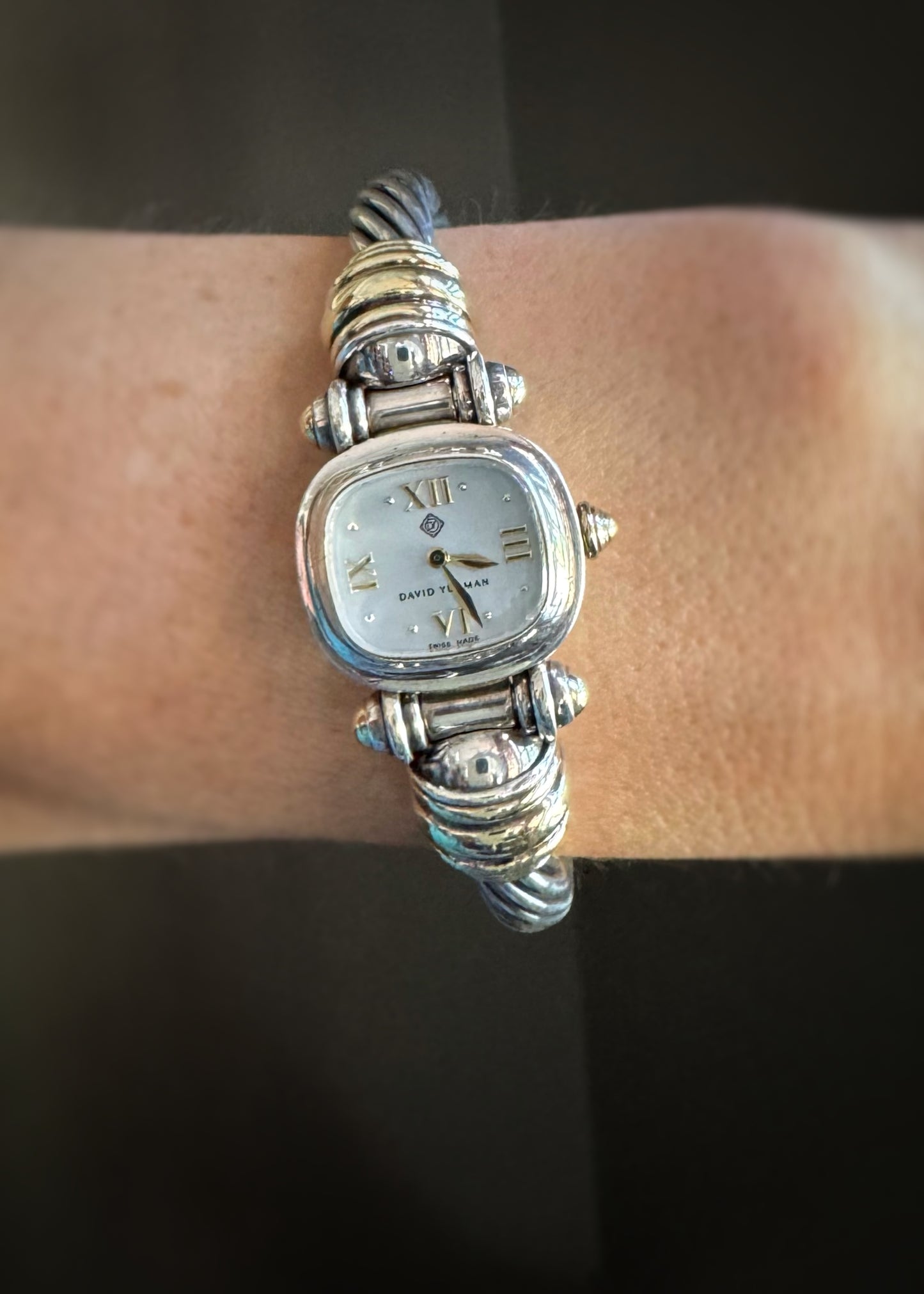 Estate Designer Sterling and 14k + Cable Bangle Bracelet Watch
