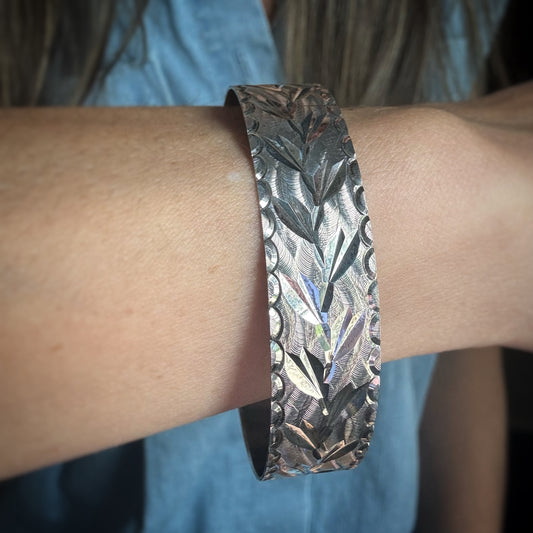 Estate Silver + Engraved Flat Bangle Bracelet