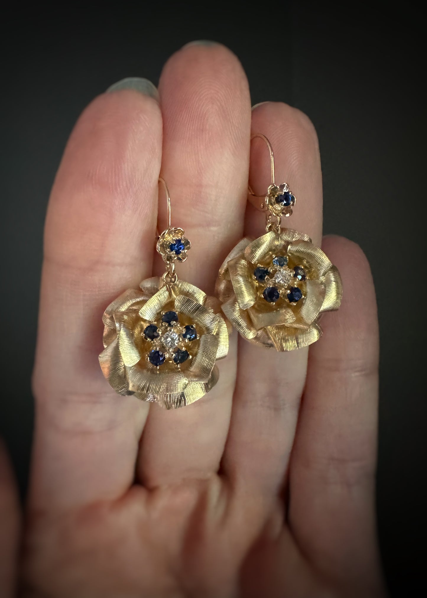 Estate 14k + Sapphire and Diamond Flower Earrings