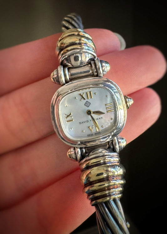 Estate Designer Sterling and 14k + Cable Bangle Bracelet Watch