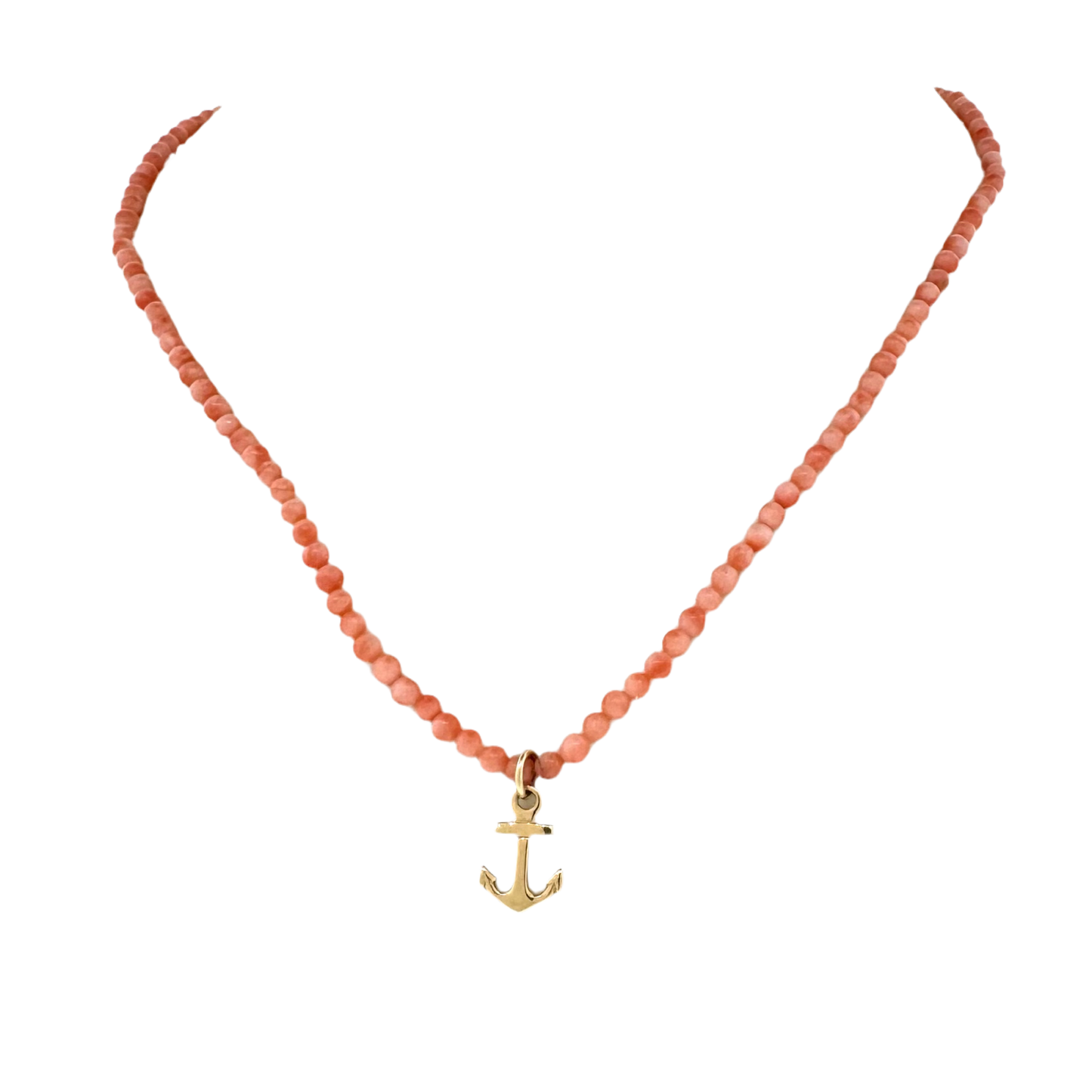 Estate 14k + Pink Coral Beads and Anchor Necklace