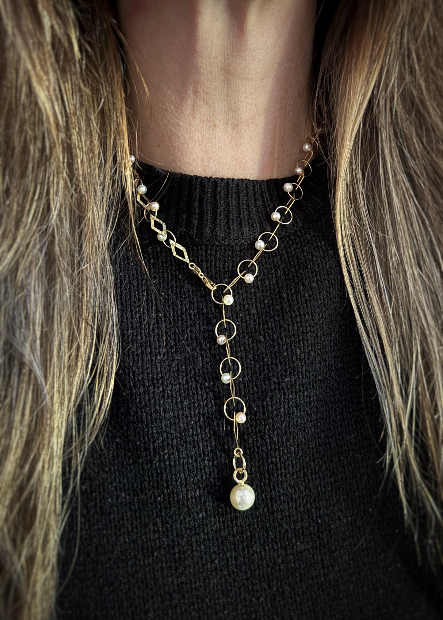 Estate 14k + Pearl Geometric Link Necklace