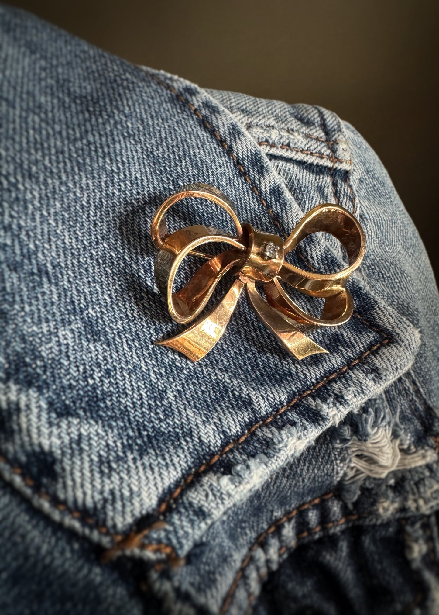 Estate 18k + Old Cut Diamond Bow Brooch