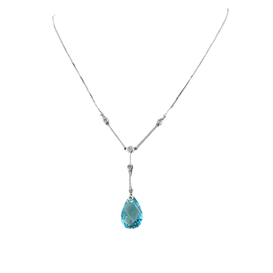Estate 14k + Blue Topaz and Diamond Lariat 17" Necklace