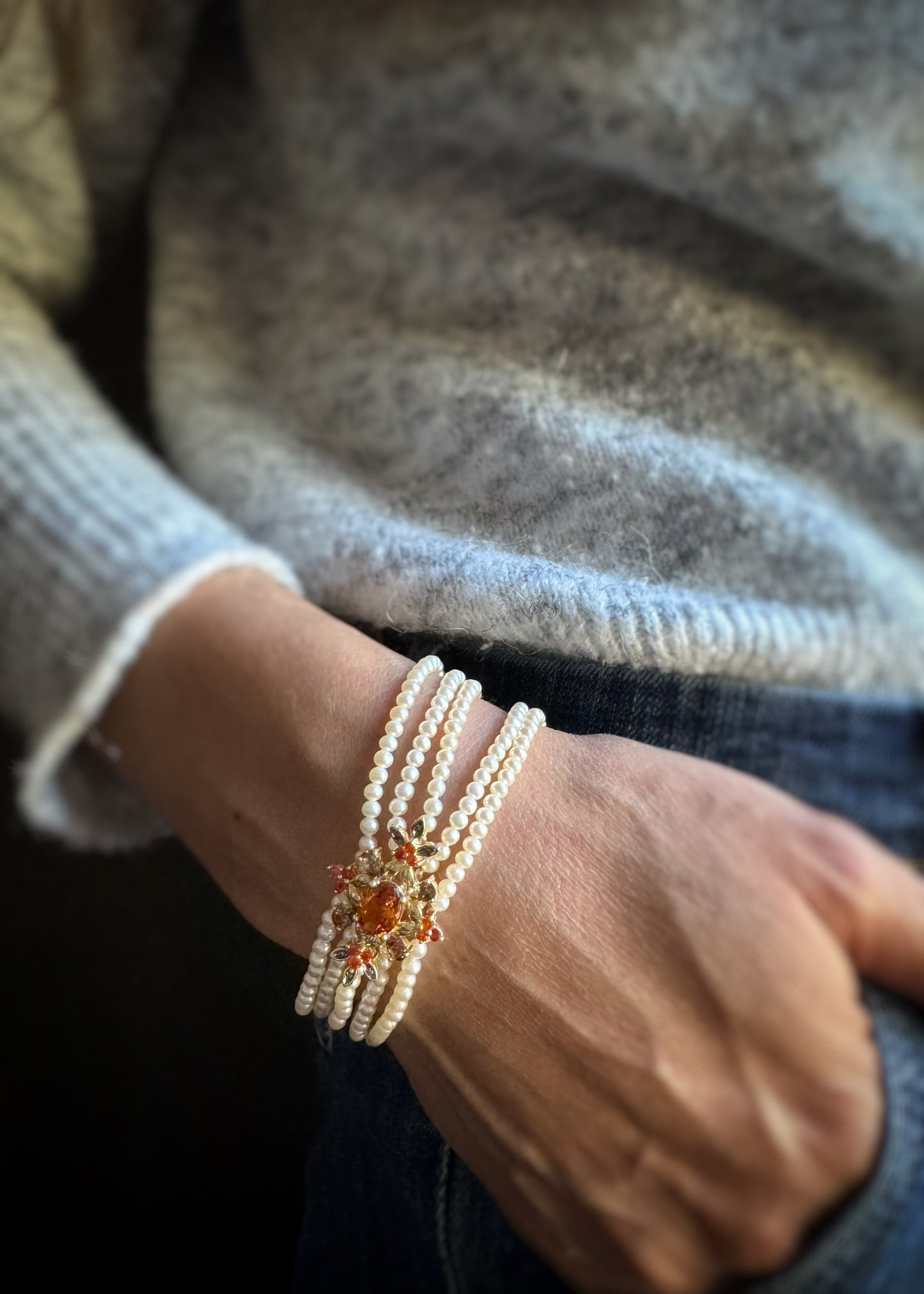 Estate 14k + Pearl Bracelet with Citrine and Diamond Insert