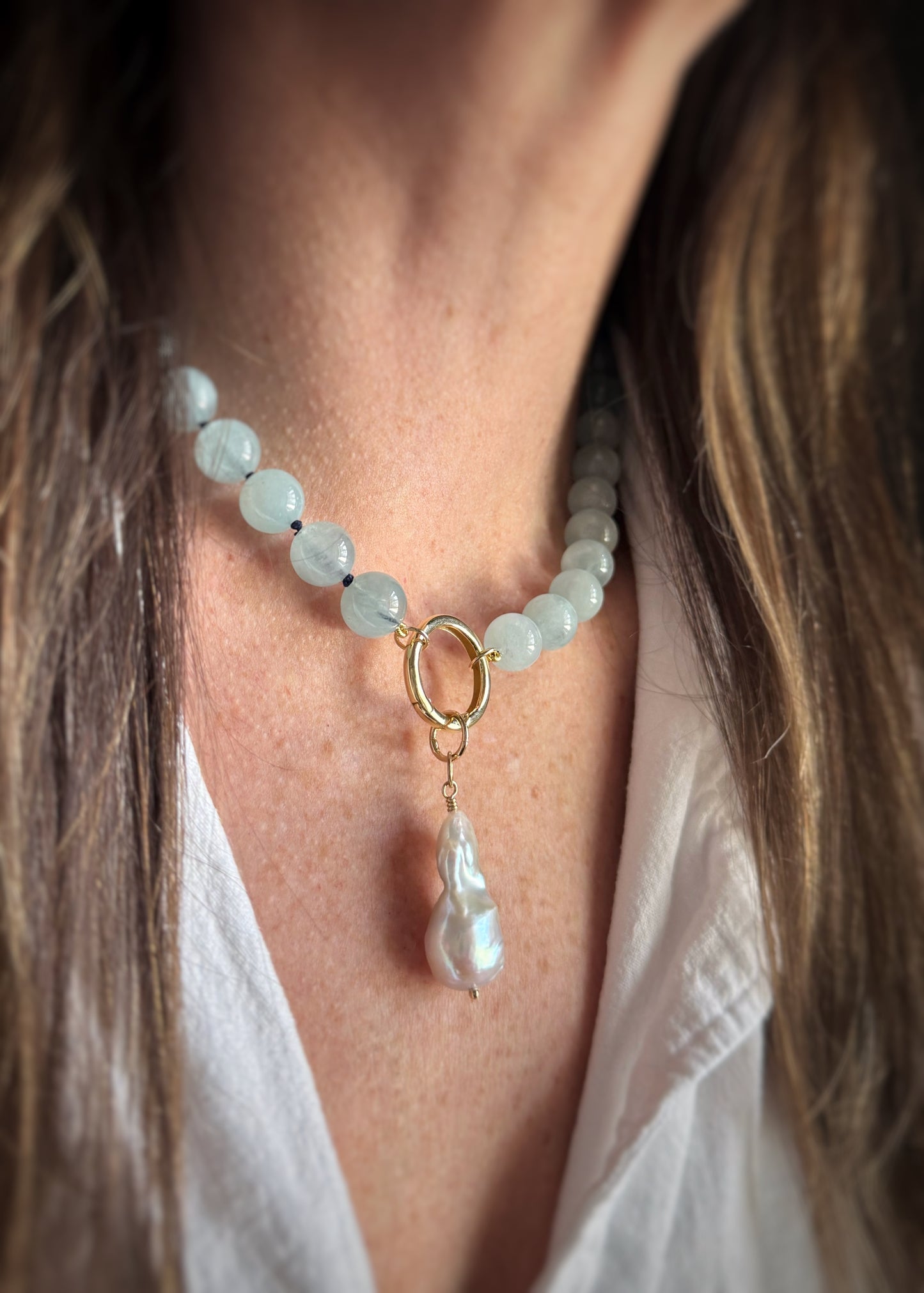 Custom Aquamarine Bead Necklace w/ 14k Round Clicker Clasp