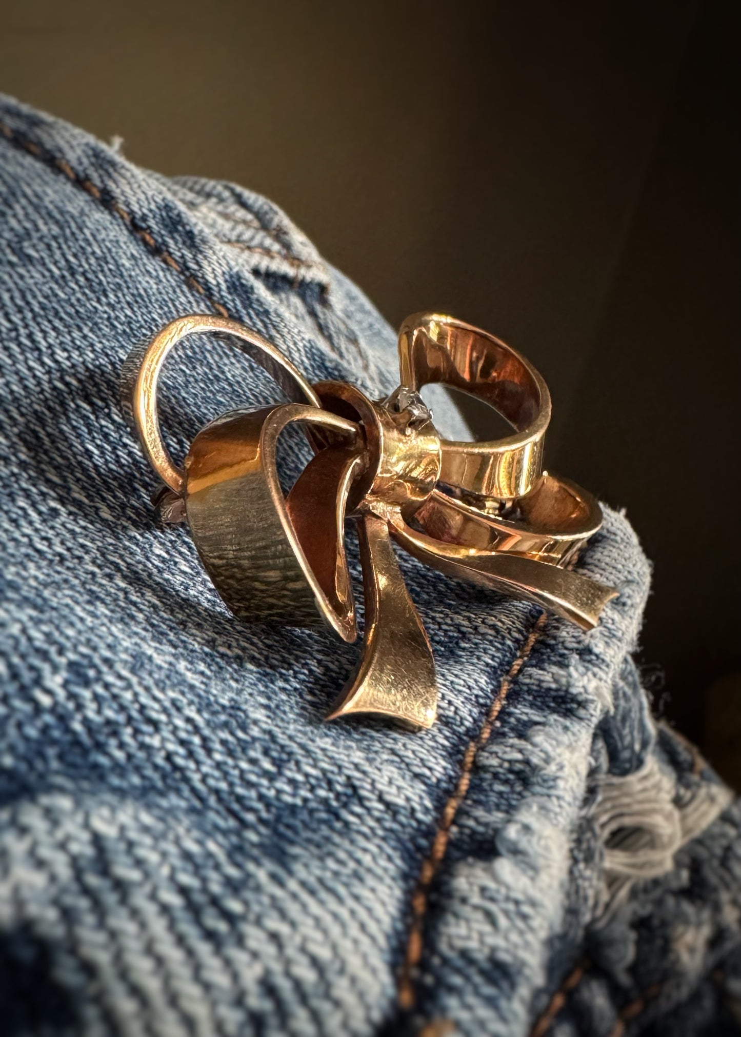 Estate 18k + Old Cut Diamond Bow Brooch