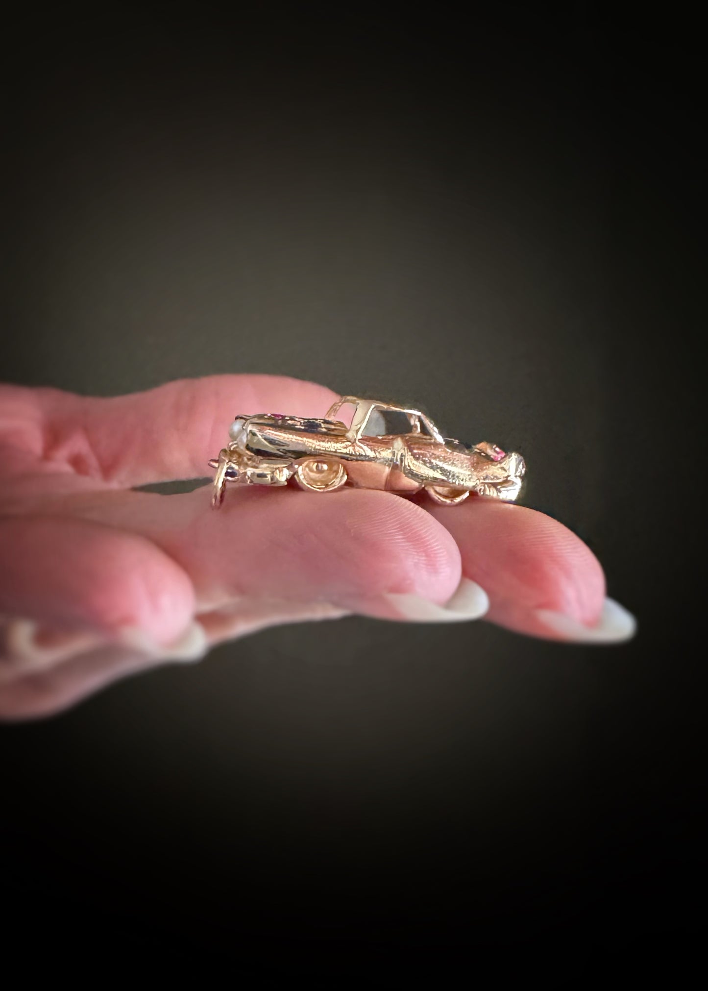Vintage 14k + Sapphire Ruby and Pearl Classic Car Charm