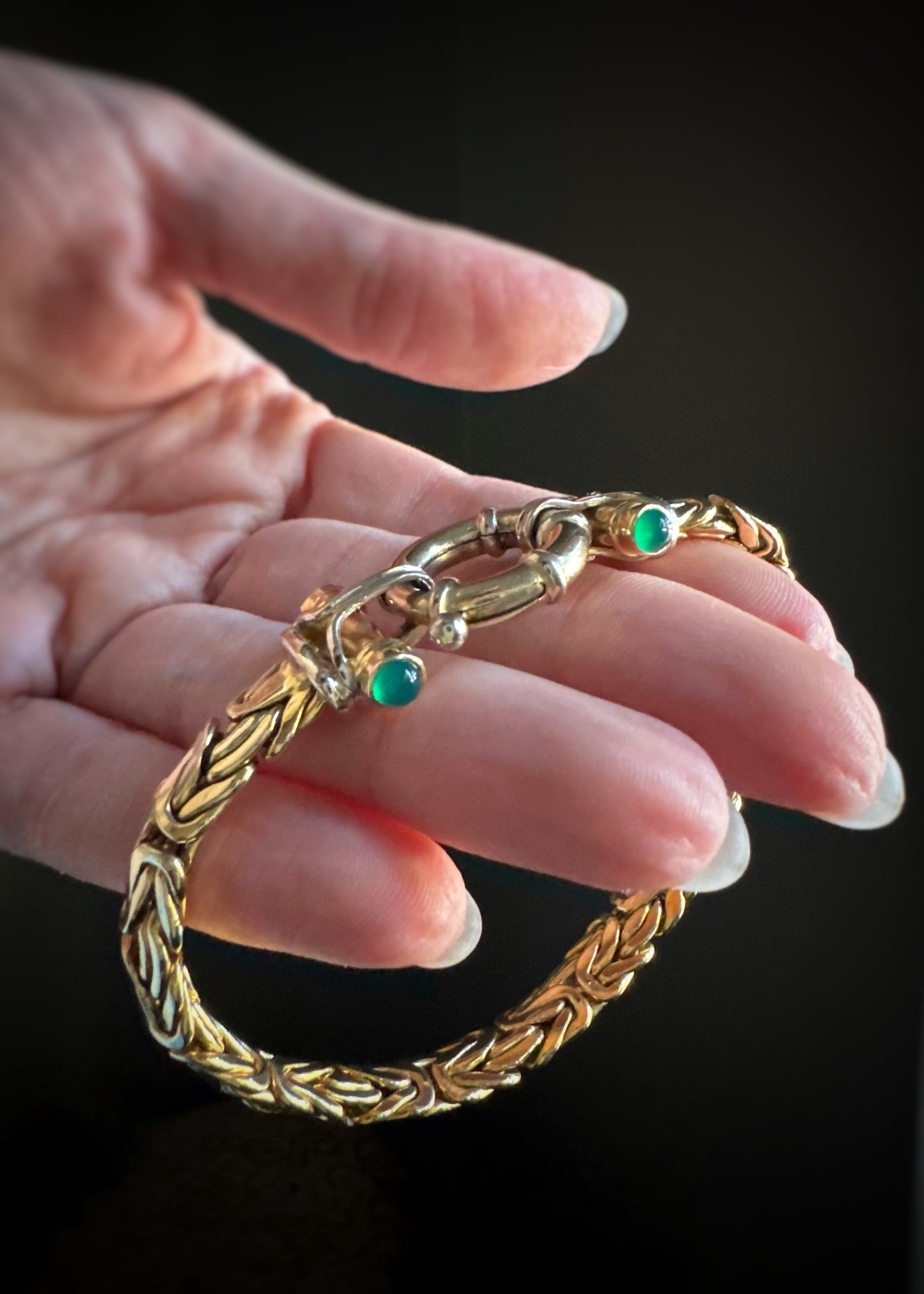 Estate 14k + Byzantine Bracelet w/ Green Onyx End Caps