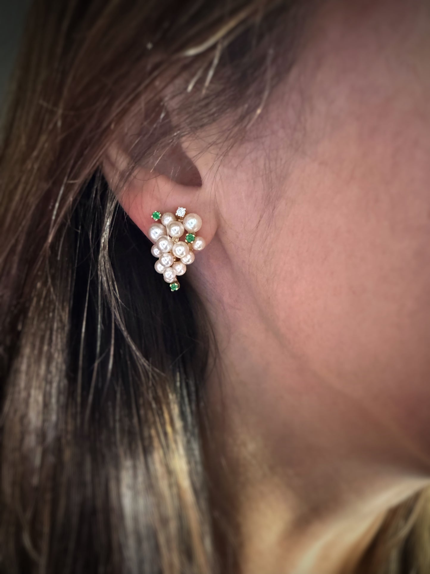 Estate 14k + Pearl Emerald and Diamond Cluster Earrings