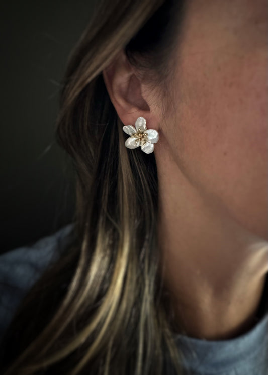 Estate 14k + Keshi Pearl Flower Earrings