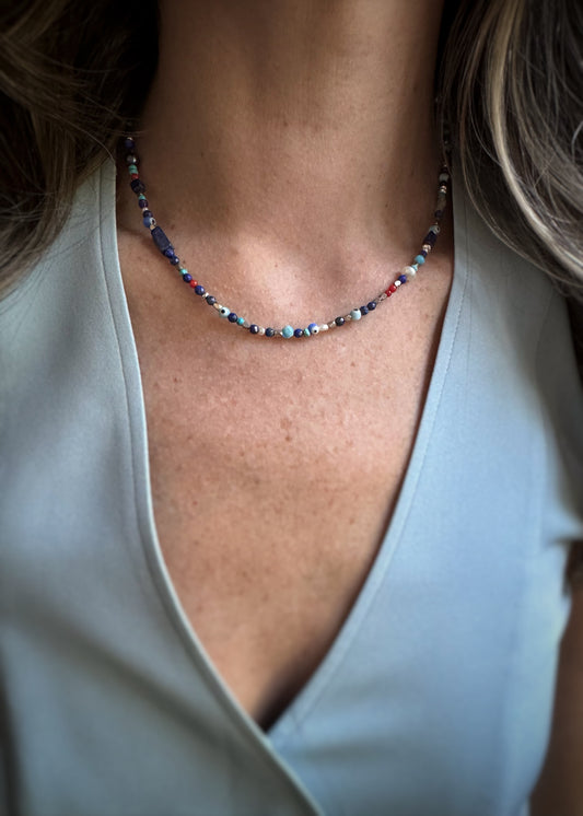 Sterling + Mixed Gems Evil Eye Beaded Necklace