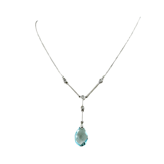 Estate 14k + Blue Topaz and Diamond Lariat 16" Necklace