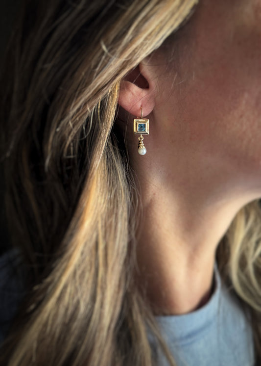 Estate 14k + Blue Topaz and Akoya Pearl Drop Earrings