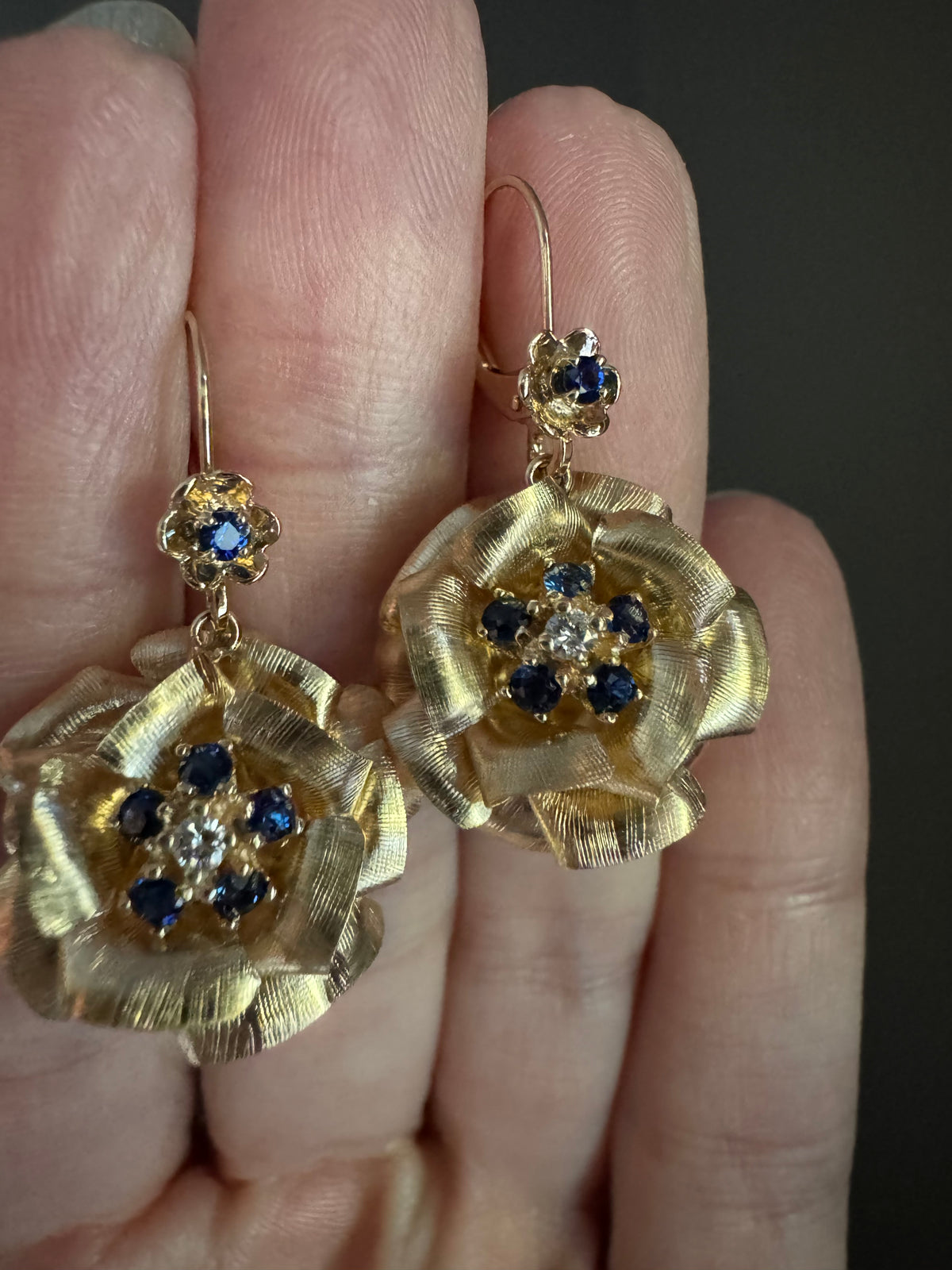 Estate 14k + Sapphire and Diamond Flower Earrings
