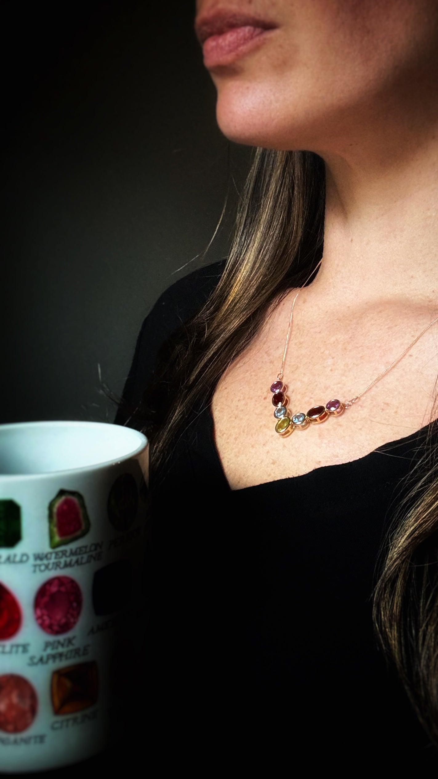 Estate 14k + Multigemstone 'V' Insert Necklace