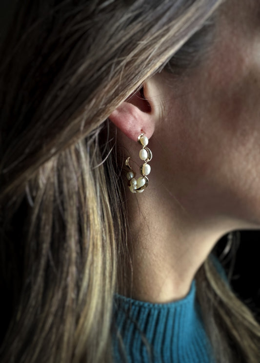 Estate 14k + Pearl Hoop Earrings