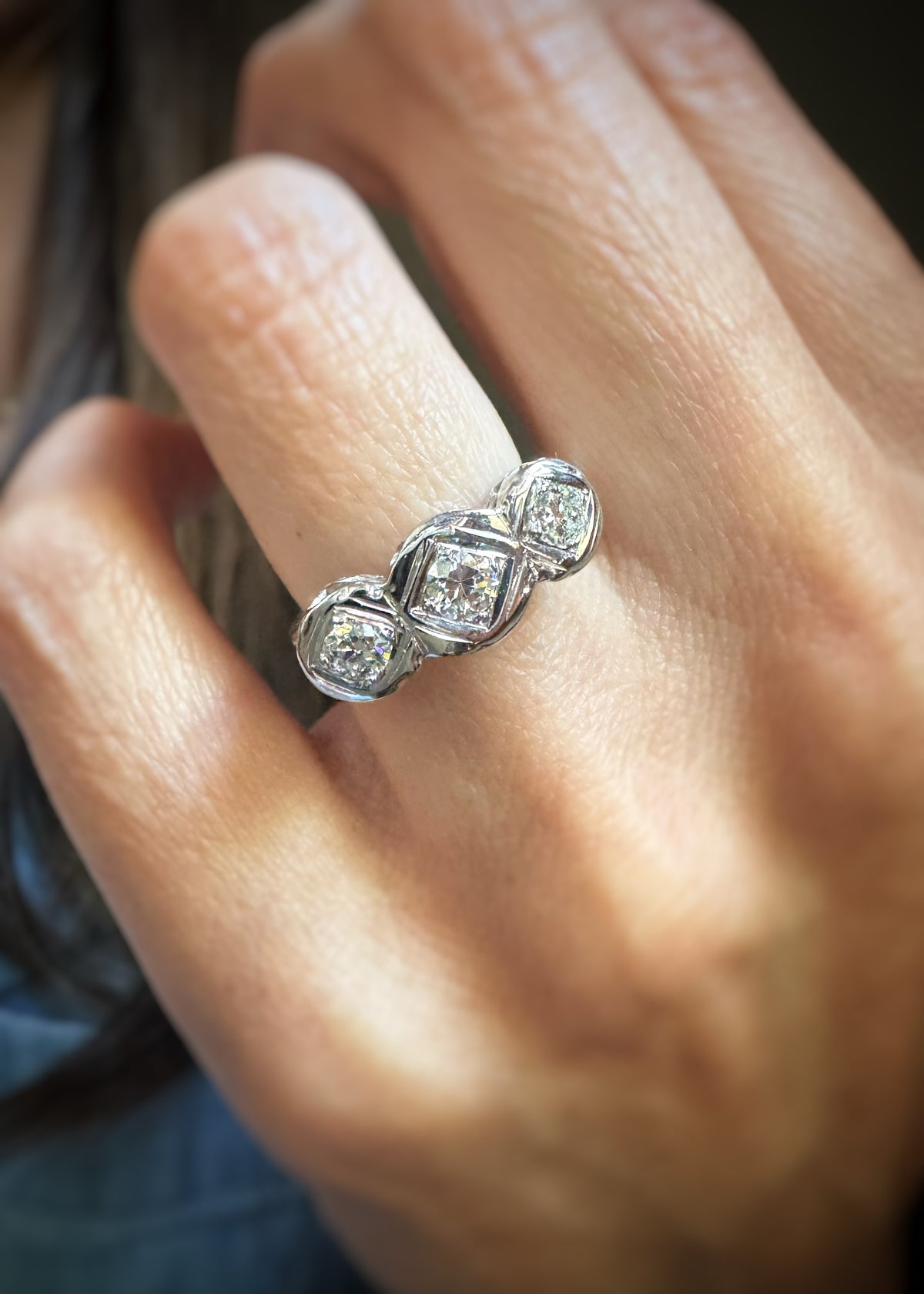 Estate 14k + Diamond Three Stone Filigree Ring