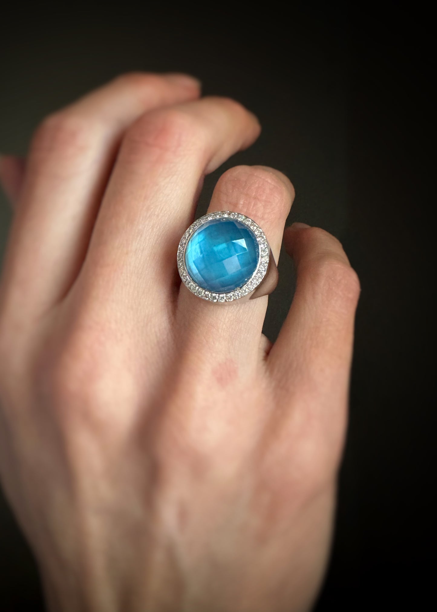 Estate 18k + Blue Topaz Doublet and Diamond Ring