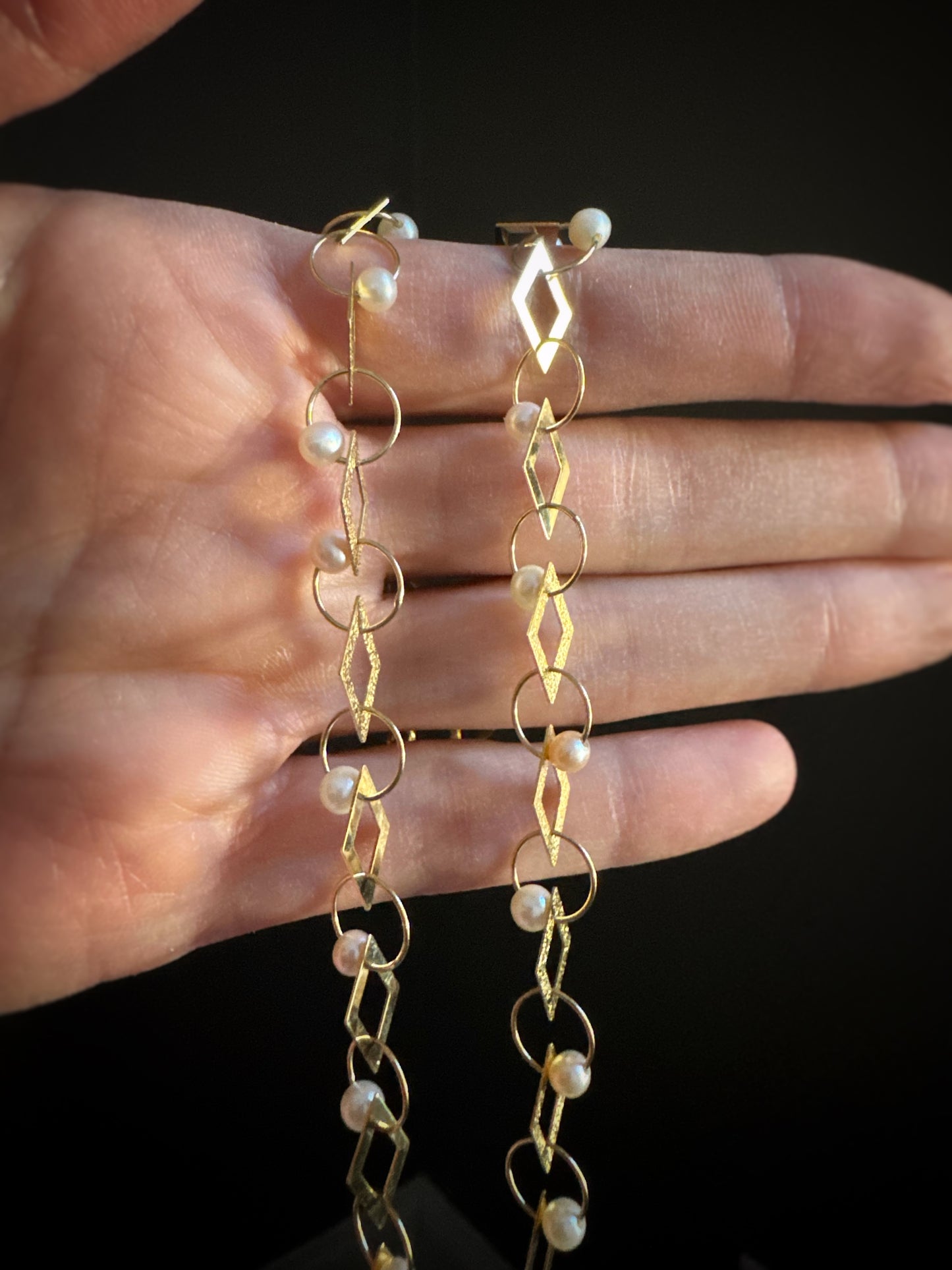 Estate 14k + Pearl Geometric Link Necklace