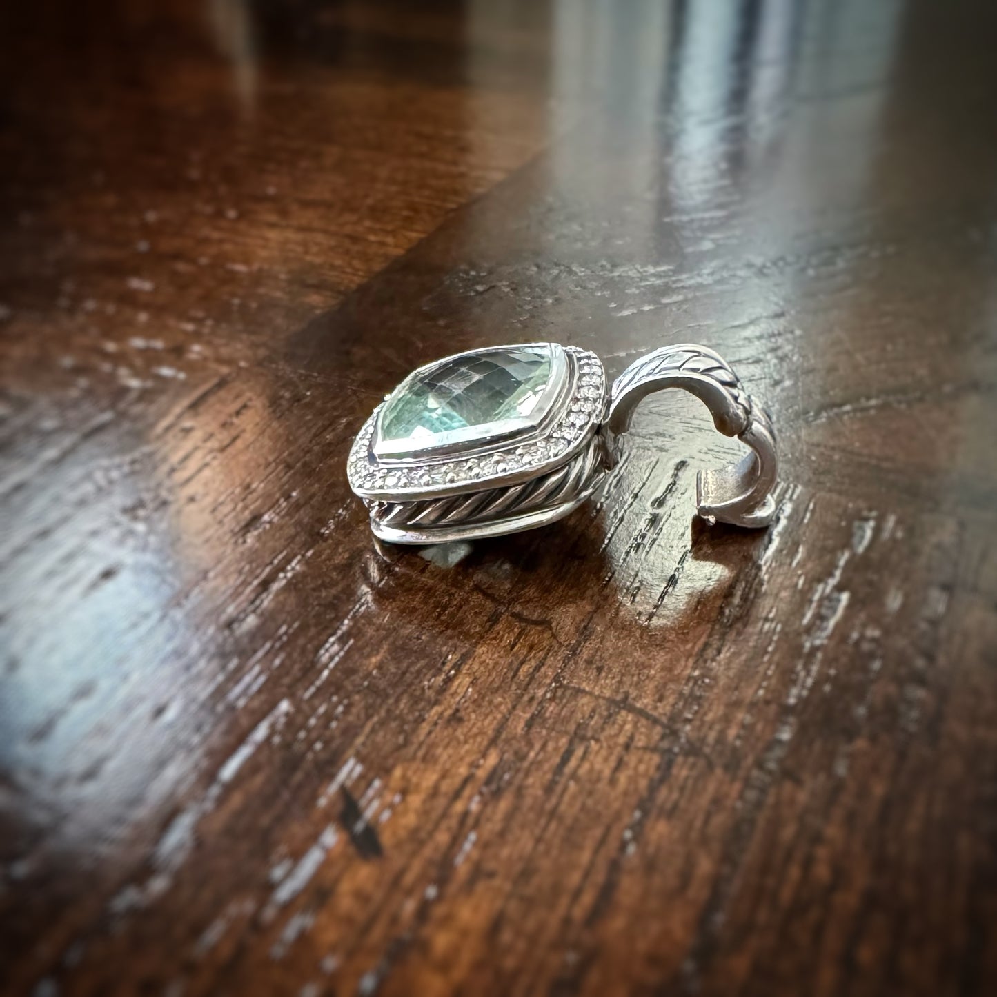 Estate Designer Sterling Silver + Prasiolite and Diamond Pendant