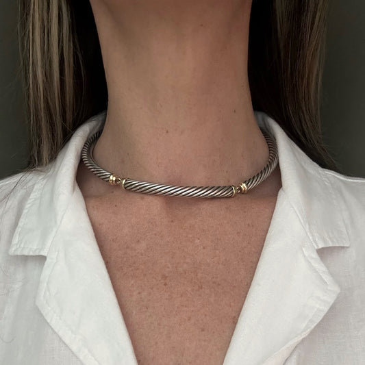 Estate Designer Sterling Silver + 14k Metro Cable Choker Necklace