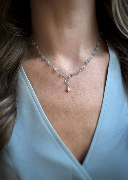 14k + Aquamarine Beaded Chain & Compass Rose Necklace