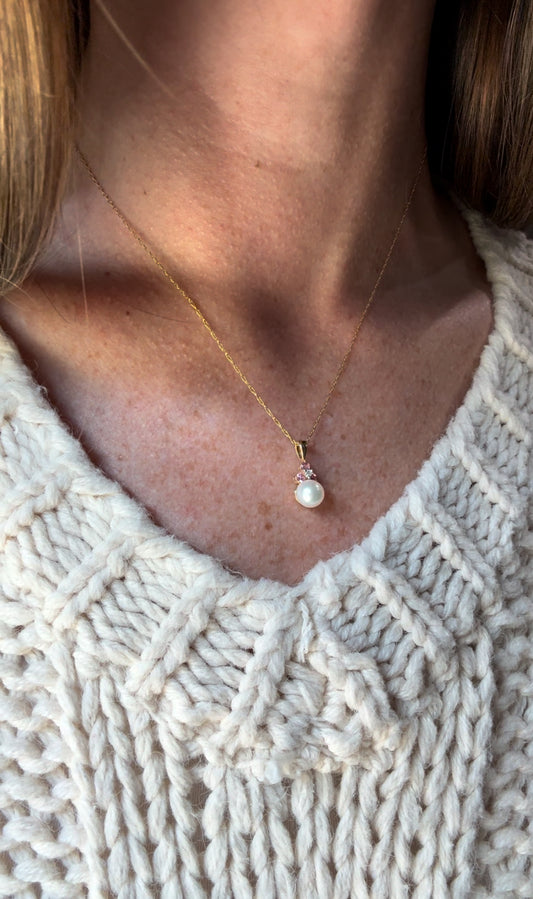 Estate 14k + Pink Sapphire and Pearl Necklace