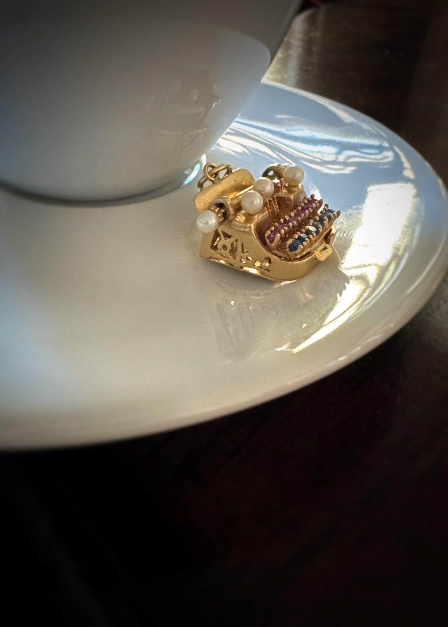Vintage 14k + Sapphire Ruby and Pearl Typewriter Charm