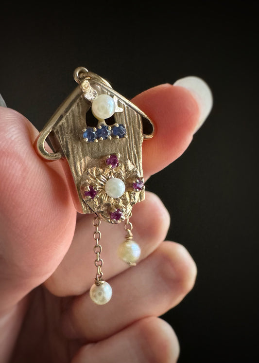 Estate 14k + Sapphire Ruby and Pearl Cuckoo Clock Charm