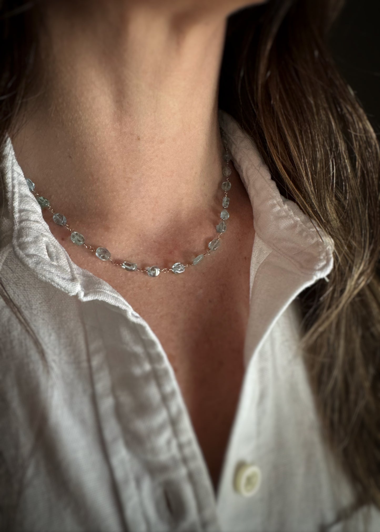 14k + Aquamarine Beaded Chain Necklace