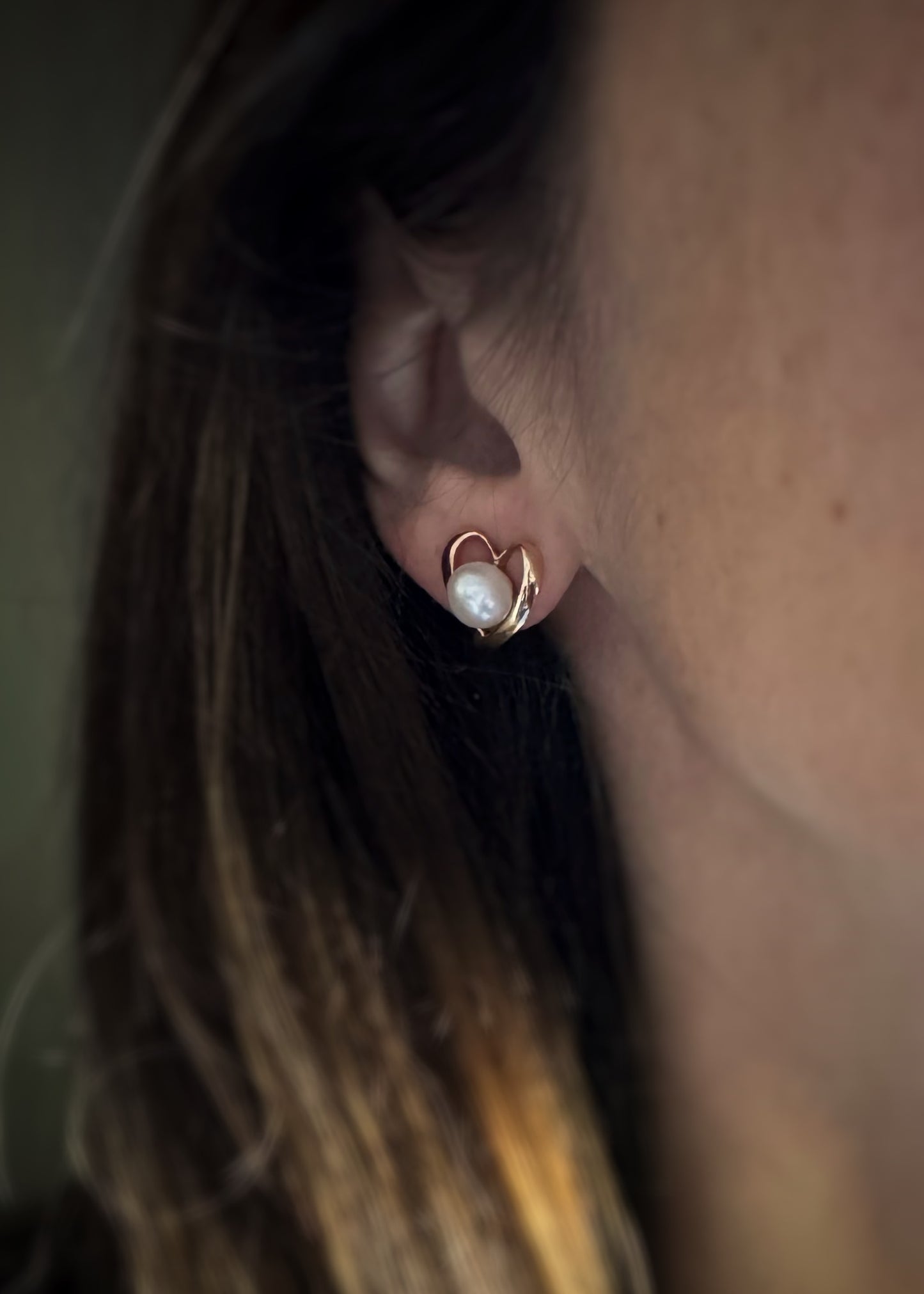 Estate 14k + Cultured Pearl Heart Stud Earrings