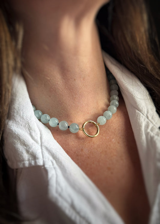 Custom Aquamarine Bead Necklace w/ 14k Round Clicker Clasp