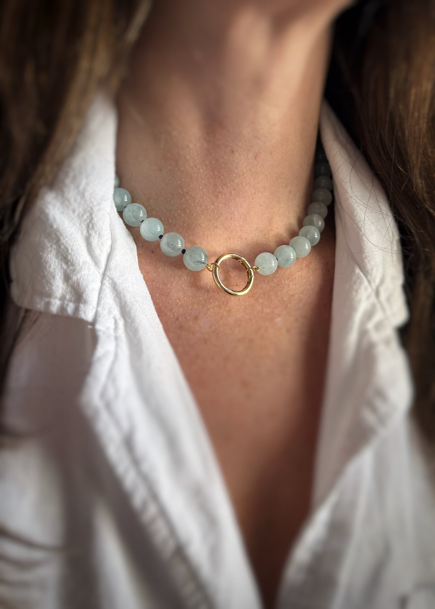Custom Aquamarine Bead Necklace w/ 14k Round Clicker Clasp
