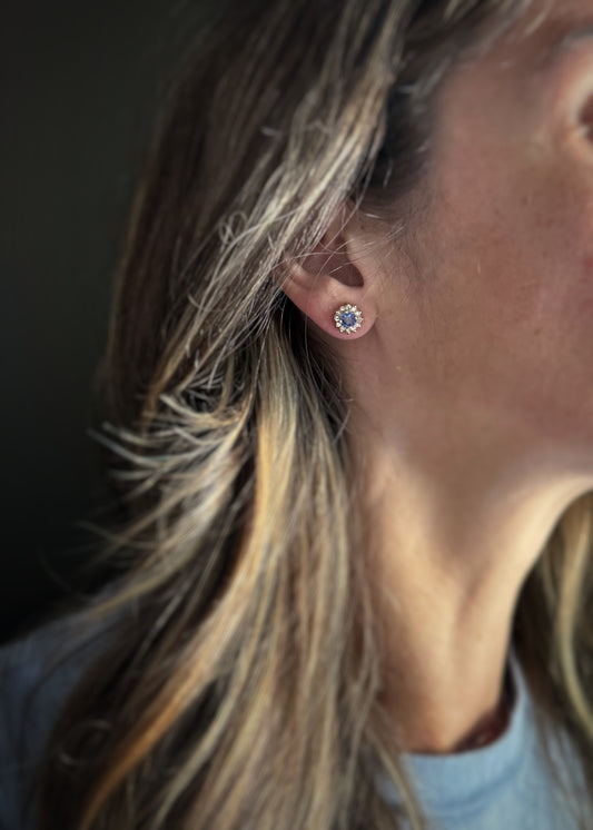 Estate 14k + Tanzanite and Diamond Halo Earrings