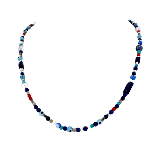 Sterling + Mixed Gems Evil Eye Beaded Necklace