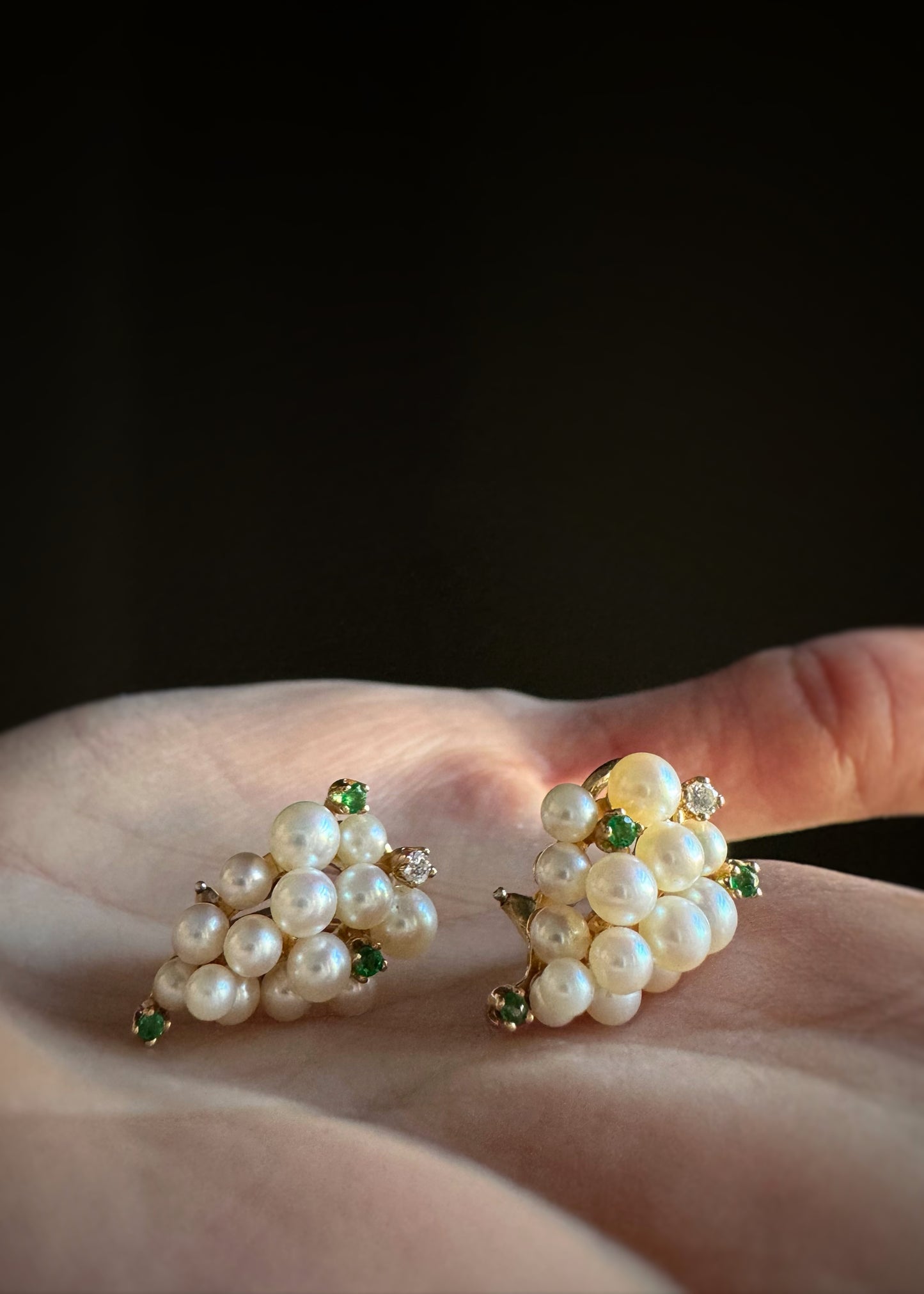 Estate 14k + Pearl Emerald and Diamond Cluster Earrings