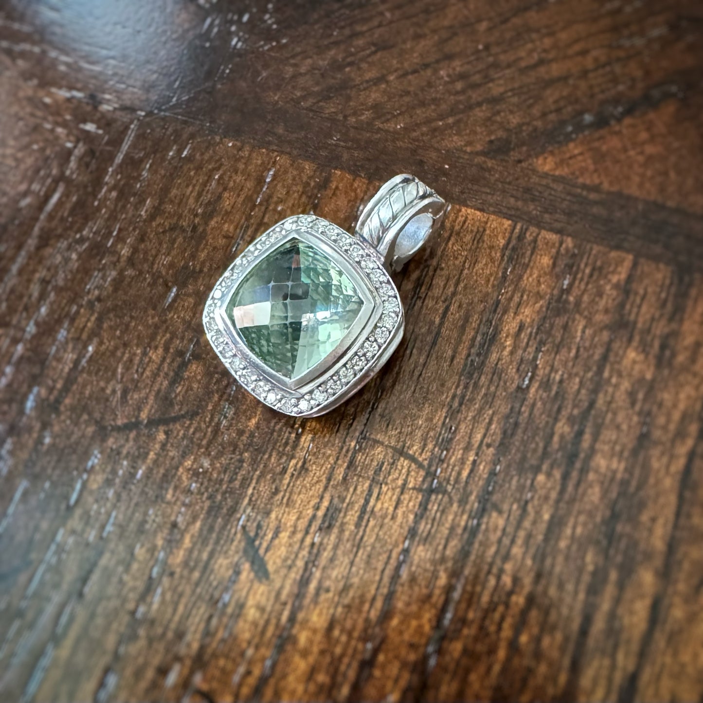 Estate Designer Sterling Silver + Prasiolite and Diamond Pendant