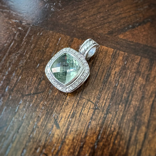 Estate Designer Sterling Silver + Prasiolite and Diamond Pendant