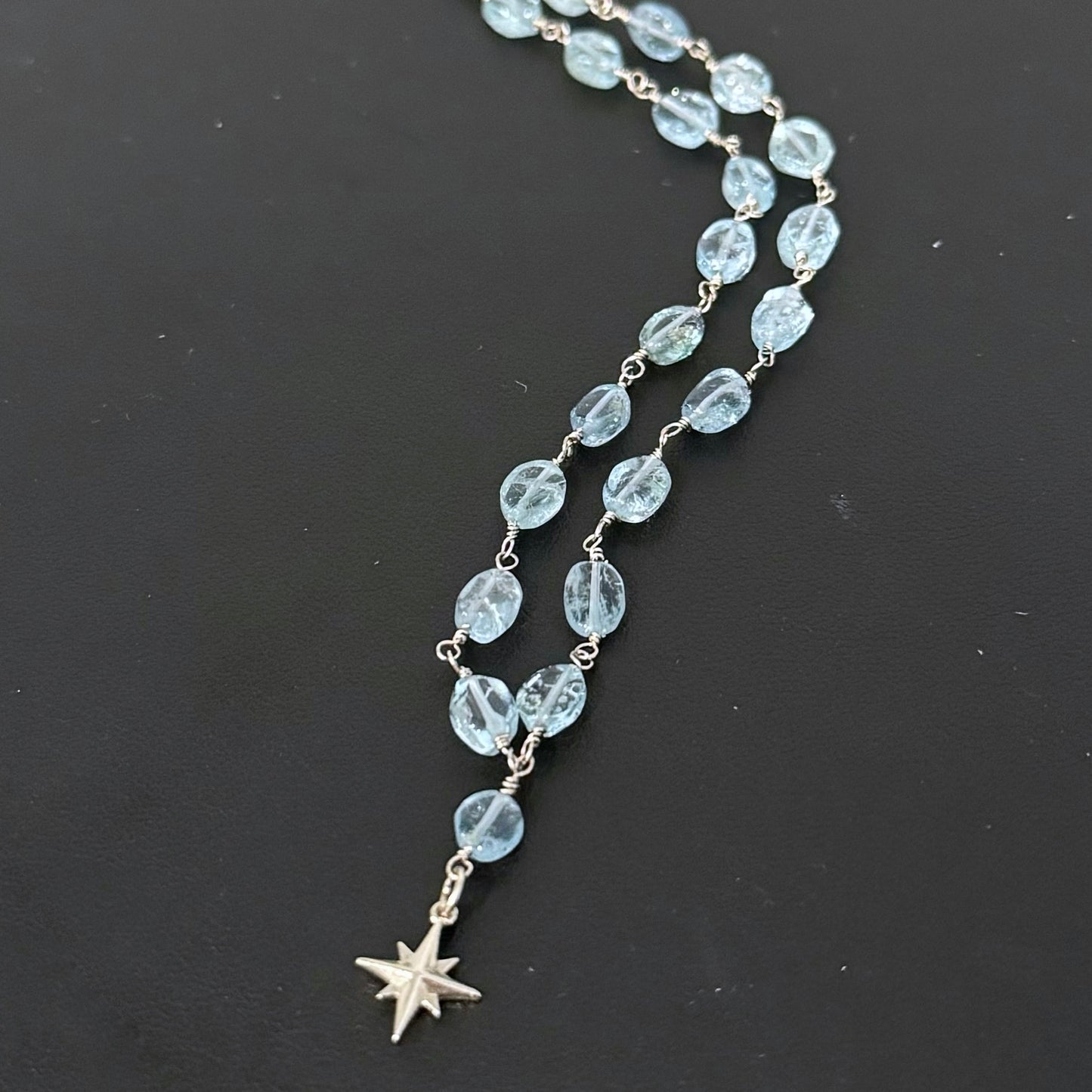 14k + Aquamarine Beaded Chain & Compass Rose Necklace