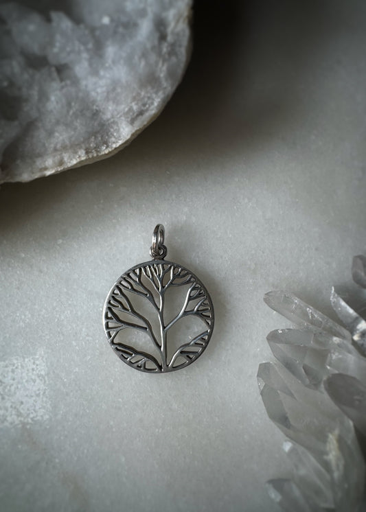 Estate Sterling Silver + Round Tree Pendant Charm