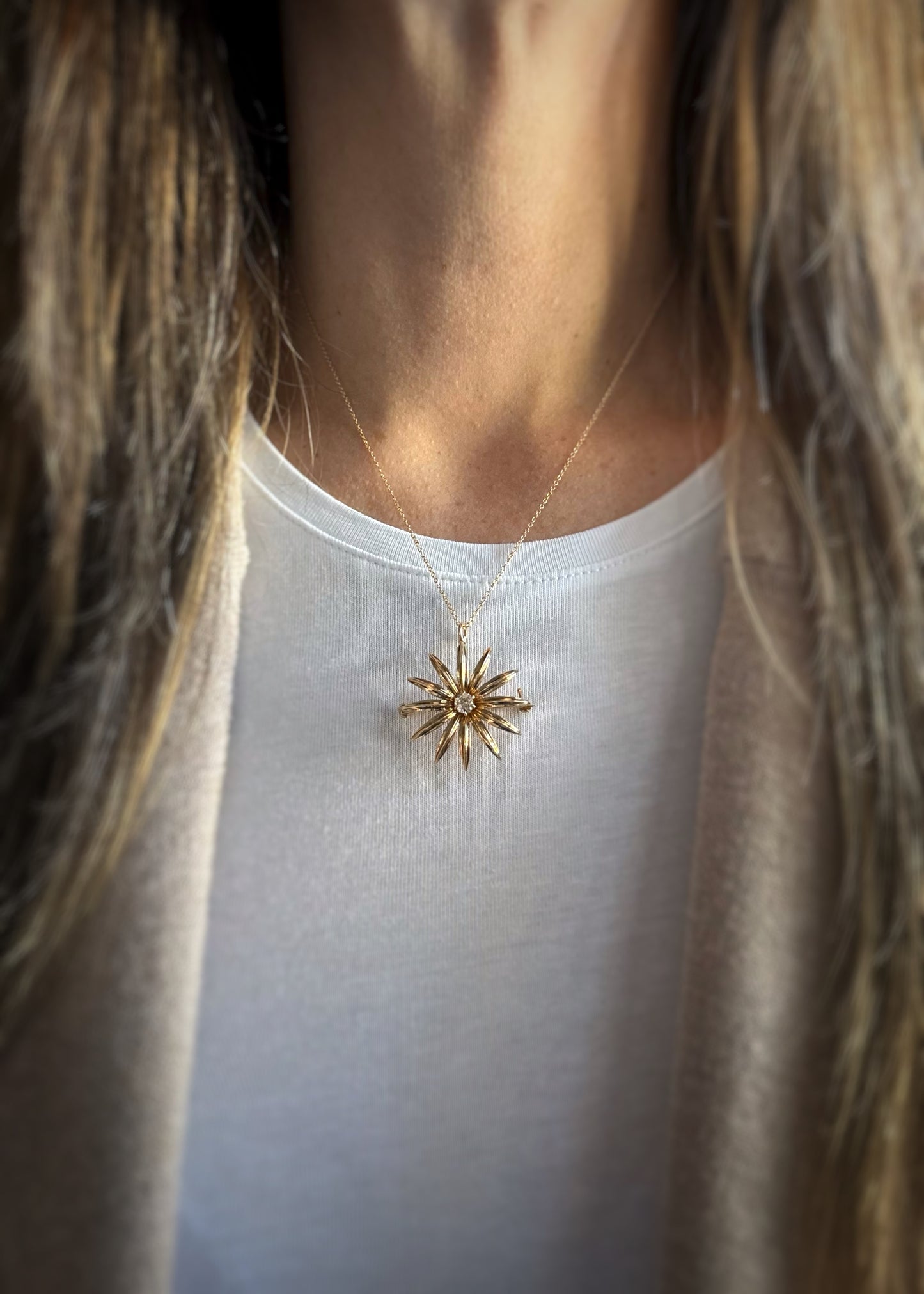Estate 14k + Diamond Flower Brooch