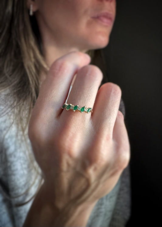 Estate 14k + Emerald and Diamond Band