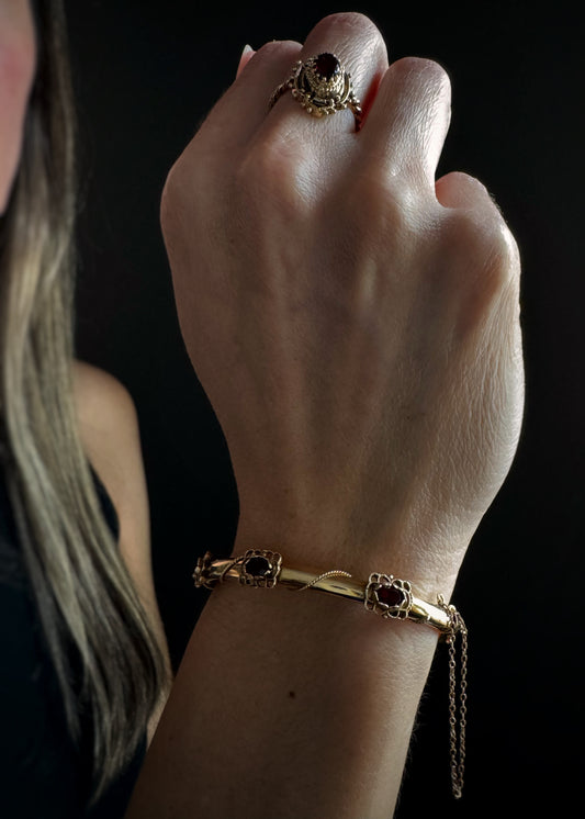 Estate 14k + Garnet Hinged Bangle Bracelet