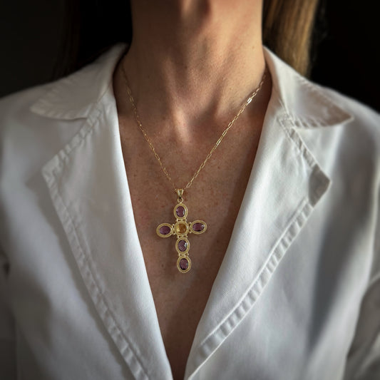 Estate 18k + Amethyst & Citrine Large Cross Pendant
