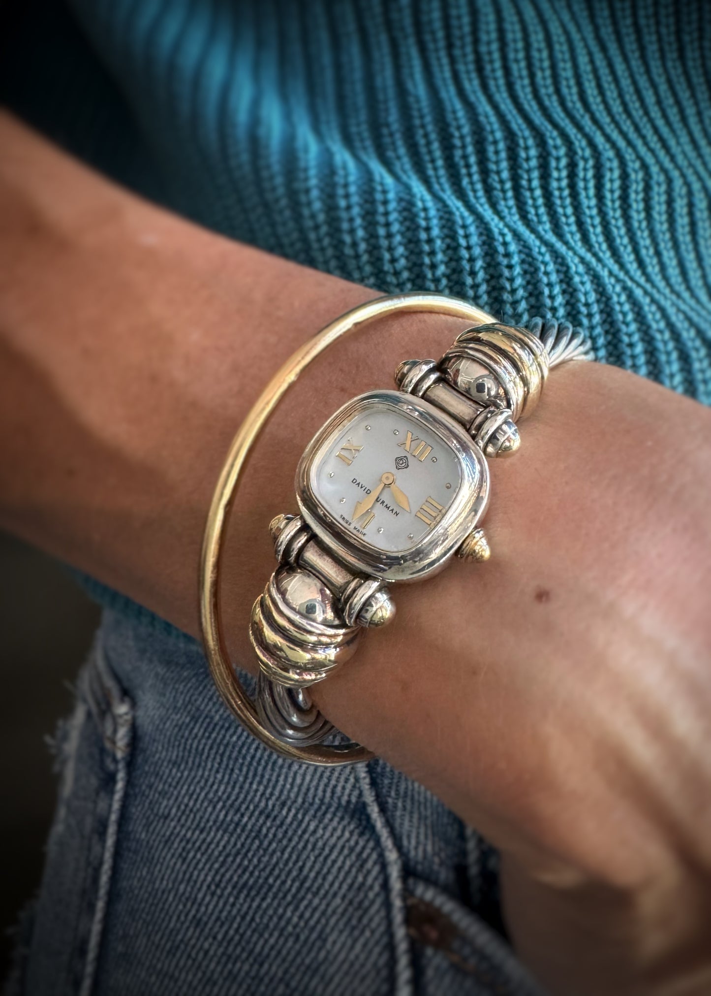 Estate Designer Sterling and 14k + Cable Bangle Bracelet Watch