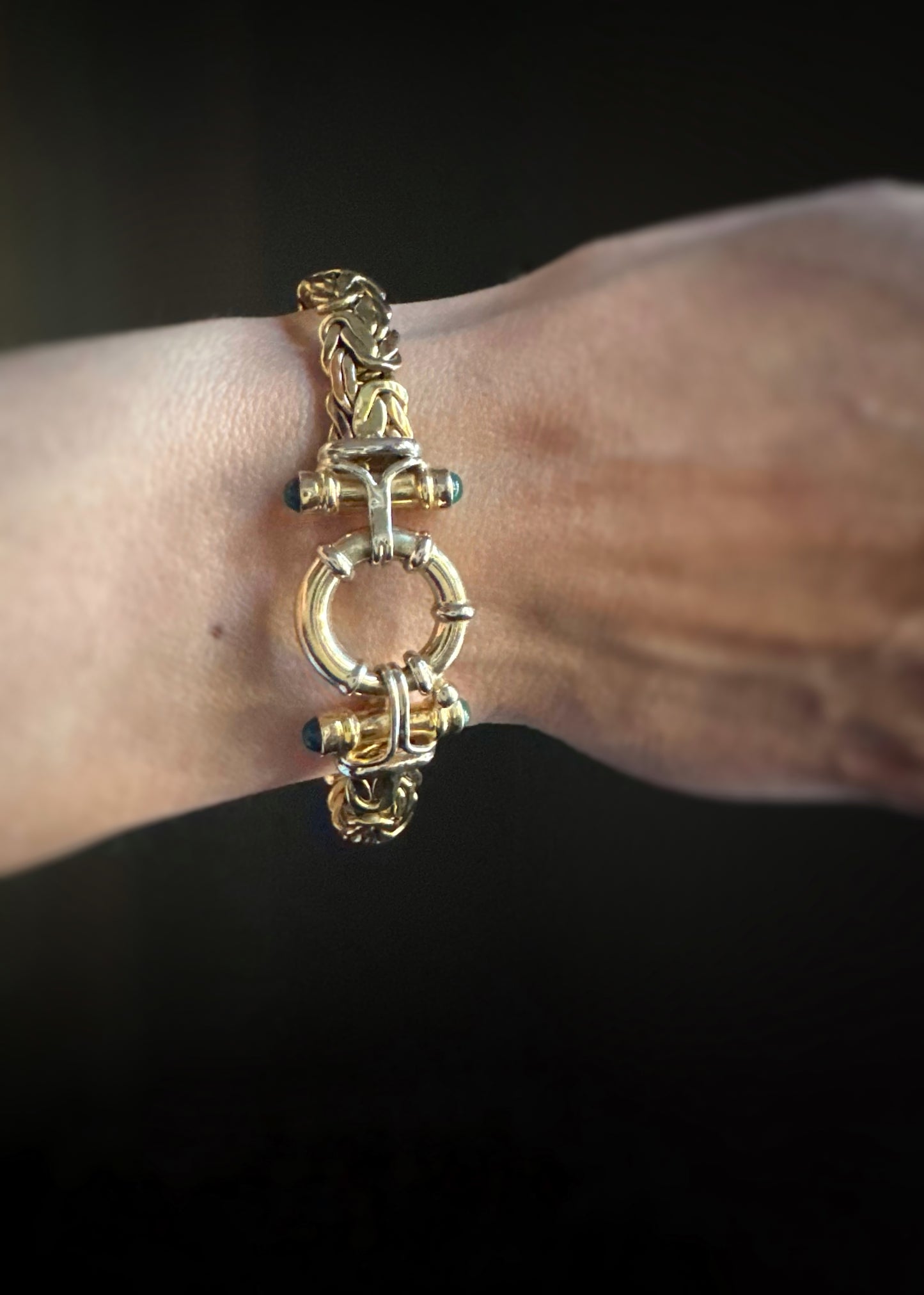 Estate 14k + Byzantine Bracelet w/ Green Onyx End Caps