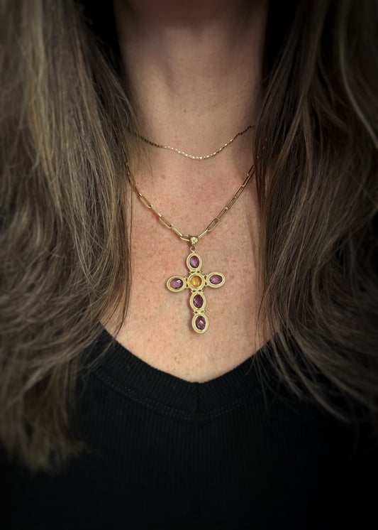 Estate 18k + Amethyst & Citrine Large Cross Pendant